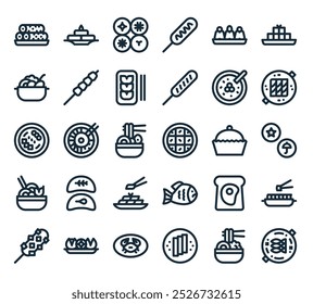 Icono de comida coreana moderna. Perfecto para diseños de IU lineales con Vector chueo tang, jajangmyeon, yeot, salsa de soja, castaño y más iconos.