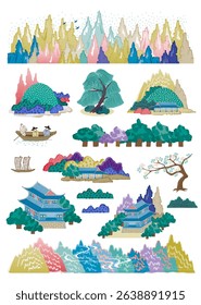 Modern Korean Mountain and River Landscape, Template design for stickers and icons.	
