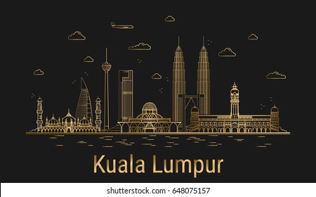 Modern Kuala Lumpur city line art, golden architecture vector illustration, skyline city, all famous buildings. 