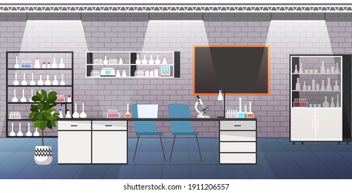 Modern Lab Interior Empty No People Medical Laboratory With Furniture And Test Tubes Horizontal Vector Illustration
