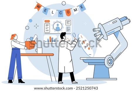 Modern lab with scientist examining a sample under a microscope, while a colleague arranges a welcome sign. Ideal for research, lab work, team collaboration, biotechnology, and scientific