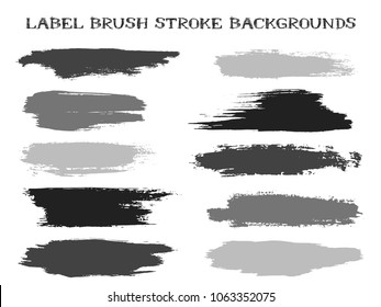 Modern label brush stroke backgrounds, paint or ink smudges vector for tags and stamps design. Painted label backgrounds patch. Interior paint color palette elements. Ink dabs, grey splashes.