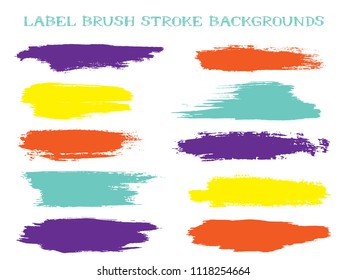 Modern label brush stroke backgrounds, paint or ink smudges vector for tags and stamps design. Painted label backgrounds patch. Interior colors guide book samples. Ink smudges, stains, bright spots.