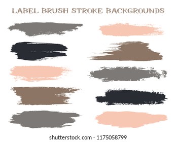 Modern label brush stroke backgrounds, paint or ink smudges vector for tags and stamps design. Painted label backgrounds patch. Vector ink color palette samples. Ink dabs, grey black pink splashes.