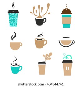 Modern label coffee set.  Disposable paper cup, classic espresso, foam, steam and splashes.