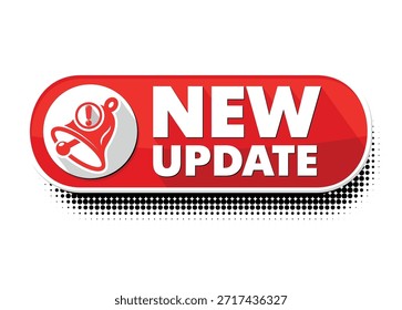 Modernes Label Neues Update auf rotem Band mit Glocke. Banner mit Benachrichtigungsglocke, Ankündigung für neues Update, Druckknopf. Vektor auf transparentem Hintergrund