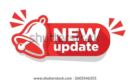 Modern label New Update on red ribbon with bell. Banner with notification bell, announcement for new update. Vector on transparent background