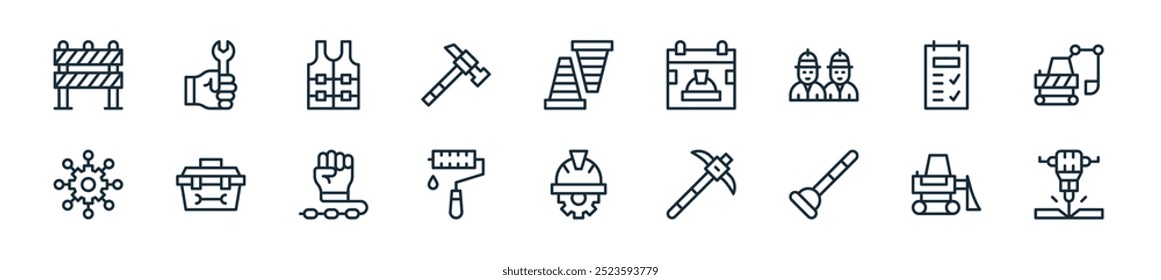 modern labor day icon pack. perfect for linear ui designs featuring vector jackhammer, excavator, plunger, pickaxe, hard hat, paint roller, slavery and more icons for mobile and web apps.