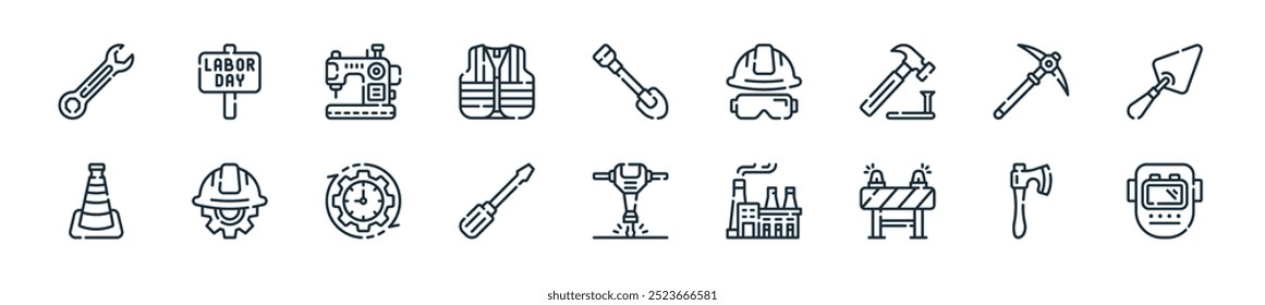 moderno trabalho dia ícone pack. perfeito para projetos de iu linear com máscara de solda vetor, machado, barreira, fábrica, jackhammer, chave de fenda, horas de trabalho e mais ícones para aplicações móveis e web.