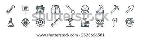 modern labor day icon pack. perfect for linear ui designs featuring vector welding mask, axe, barrier, factory, jackhammer, screwdriver, working hours and more icons for mobile and web apps.