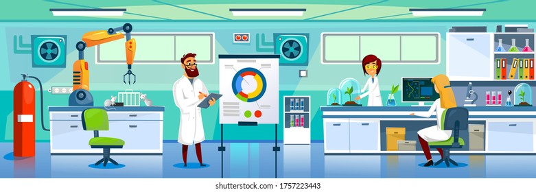 Modern laboratory and chemists at working place vector illustration. Professional lab worker in uniform cartoon design. Examine plant. Modern technology and science concept