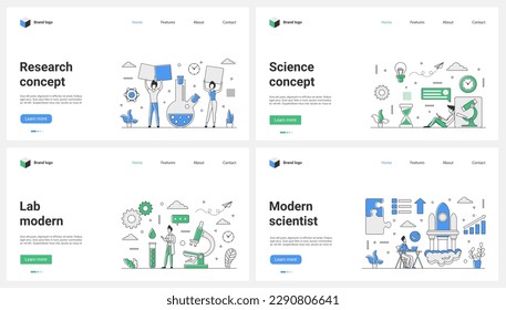 Modern laboratory research, science startup set vector illustration. Cartoon tiny people launch speed rocket of scientific project, scientists work and think on lab experiment with microscope