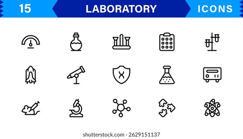 Conjunto de símbolos de laboratório moderno criado para a ciência, química e inovação. Esses ícones vetoriais são ideais para imagens limpas e profissionais.