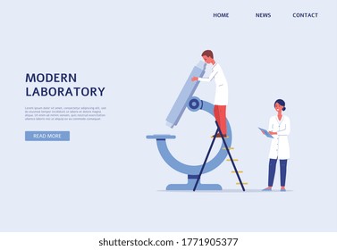 Plantilla de banner de la web moderna de laboratorio con caricaturistas haciendo investigación médica en microscopio gigante. Científicos investigando medicina o sangre, ilustración vectorial.