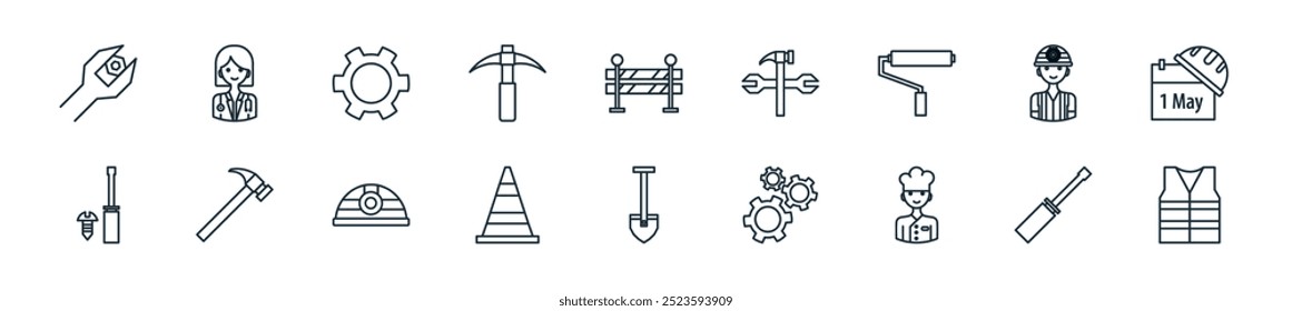 Perfecto para diseños de interfaz de usuario lineal con chaleco de seguridad de Vector, destornillador, chef, engranaje, pala, cono de tráfico, sombrero de trabajador y más iconos para App móviles y de Web.