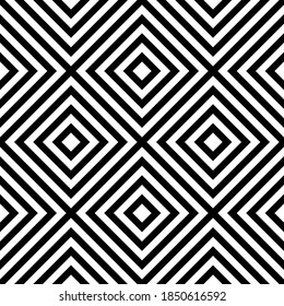 Modern laconic graphic geometric vector seamless pattern with black striped diagonal squares on white background. Suitable for printing on textiles.
