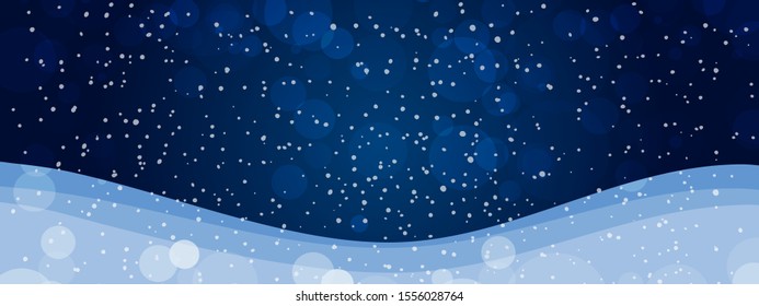 Modern laconic winter background with a place for an inscription. Beautiful night landscape with falling snow. Banner for the New Year and Christmas holidays, seasonal sales. Flat stock vector.