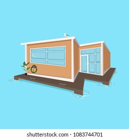 Modern lake house cottage on dock with seagull. Isolated on blue water background. Vector illustration