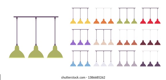 Modern lamp set. Peak ceiling pendant contemporary fixtures with metal shades, lighting chandelier for three lights. Vector flat style cartoon illustration isolated, white background, different colors