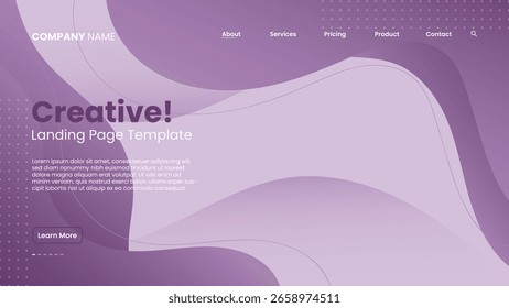 Plano de fundo da página de aterrissagem moderna com curvas roxas fluindo e formas limpas perfeitas para sites banners aplicativos e apresentações digitais profissionais.