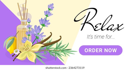 Modern landing page with buttons or template for banner for aromatherapy and relax studio, massage salons shops and production of aroma candles, oils, cosmetics and other aroma and relax accessories.