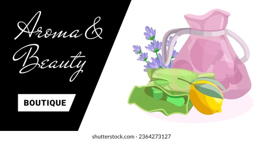 Modern landing page with buttons or template for banner for aromatherapy and relax studio, massage salons shops and production of aroma candles, oils, cosmetics and other aroma and relax accessories.