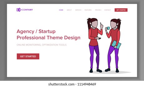 Modern Landing Page Concept Vector. Line Woman. Main Website Page Design. Digital Office. Modern Style. Analyzing Statistics. Developer Interface. Template Illustration
