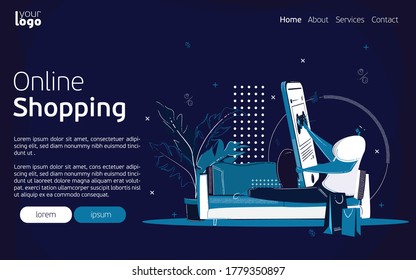 Modern landing page design and illustration. E-shop website, e-commerce concept. Flat Design illustration with light blue elements on deep blue background. Male shopping electronics from mobile app. 