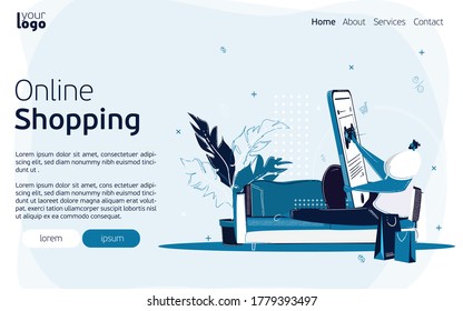 Modern landing page design and illustration. E-shop website, e-commerce concept. Flat Design illustration with blue elements on white background. Male shopping electronics from mobile app. 