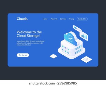 Diseño moderno de la página de destino con el estante isométrico del servidor del almacenamiento en la nube y el símbolo de la nube. Ilustración conceptual de la Tecnología de computación en la nube para alojamiento de Web y almacenamiento de datos