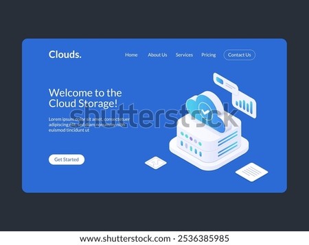 Modern Landing Page Design with isometric Cloud Storage Server Rack and Cloud Symbol. Conceptual Illustration of Cloud Computing Technology for Web Hosting and Data Storage
