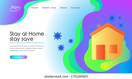 Modern Landing Page design, stay at home,  illustration of the house and corona virus icon.