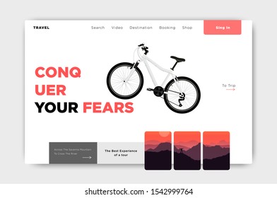 Modern landing page, website design traveling template with a bicycle, can be used for banners, websites, desktops, wallpapers, cellphones, and ready to print