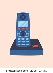 Modern landline phone concept. Sticker with small desktop phone for office or home. Equipment for remote communication, calls and business. Design element for covers. Cartoon flat vector illustration