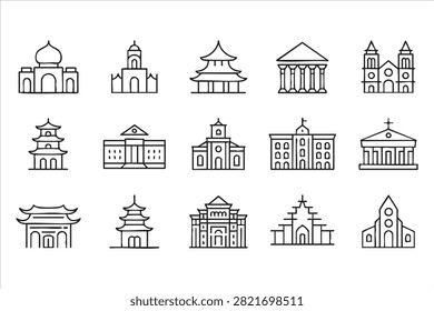 Modern landmark vector line icon set for tourism apps city guides and architecture graphics