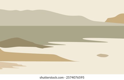 modern landscape abstract with neutral earthy tones, including shades of ivory, beige, taupe, and muted olive, perfect for wall decor in living rooms, offices, bedrooms, or cafés and hotels