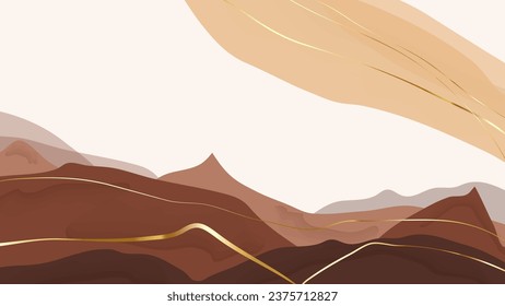 Modern landscape background of mountains with golden lines and watercolor streaks. Minimalistic style for design, covers, cards, posters.	