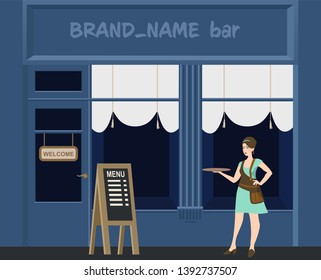 Modern landscape with cafe restaurant coffee house building facade. Cafe restaurant in a flat style. Coffee-shop outdoor on the street