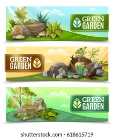 Modern landscape elements design 3 horizontal banners set with tropical plants rock garden compositions isolated vector illustration