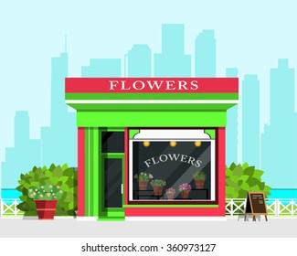 Modern landscape with flower shop icon, fence, flowers and bushes. Flat style vector illustration