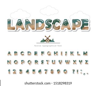 Modern landscape font. Paper cut out ABC letters and numbers isolated on white. Creative alphabet for environment, ecology, travel design. Vector illustration