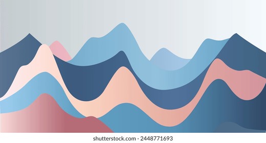 Modern Landscape Poster Design, Mountain Scenery in Geometric Banner Style with Abstract Vector Art and Wavy Shapes
