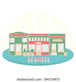 Modern landscape set with cafe, restaurant, pizzeria, coffee house building, trees, bushes, flowers, benches, restaurant tables. Flat style vector illustration. Restaurant facade. Retro style 