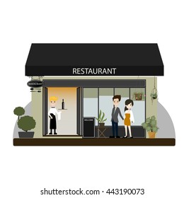 Modern landscape set with cafe, restaurant, pizzeria, coffee house building, trees, bushes, flowers, benches, restaurant tables. Flat style vector illustration.