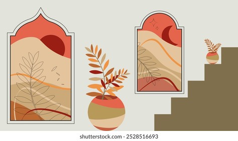 Moderno vetor de arte de parede de paisagem.  Janelas, arco, vaso e fundo abstrato em estilo Boho.