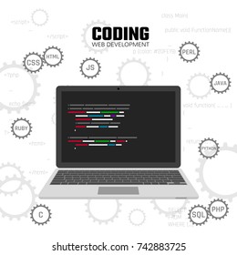 Modern languages web programming. Web development, design and coding concept. Vector illustration