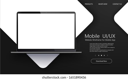 Modern Laptop With Blank App Screens Mockup. Wireframing Screens Template To Create And Showcase Your Web Site Ui. Mockup For Presentation, Websites, Applications And Landings. Vector