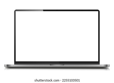 Ein moderner Laptop mit einem leeren Bildschirm einzeln auf weißem Hintergrund. Realistisches Notebook-Layout in einem dunklen silbernen Gehäuse. Vektorgrafik.