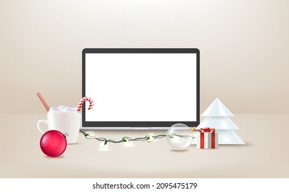 Modern laptop with blank screen on a table with crhistmas decorations. 3d vector banner with copy space