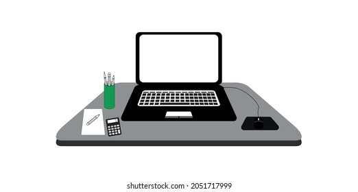 Modern laptop with blank screen. Vector illustration of laptop for work, pencil jar, paper, calculator, mouse on a gray table isolated on white background - vector eps 10